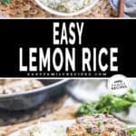 lemon herb rice on a white plate with grilled chicken and a white bowl filled with lemon rice.