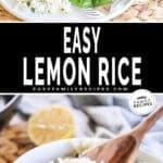 lemon herb rice on a white plate with grilled chicken and a white bowl filled with lemon rice.