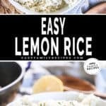 two imaged of lemon rice and both are of a white bowl full of rice