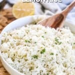 Lemon rice in a white serving bowl