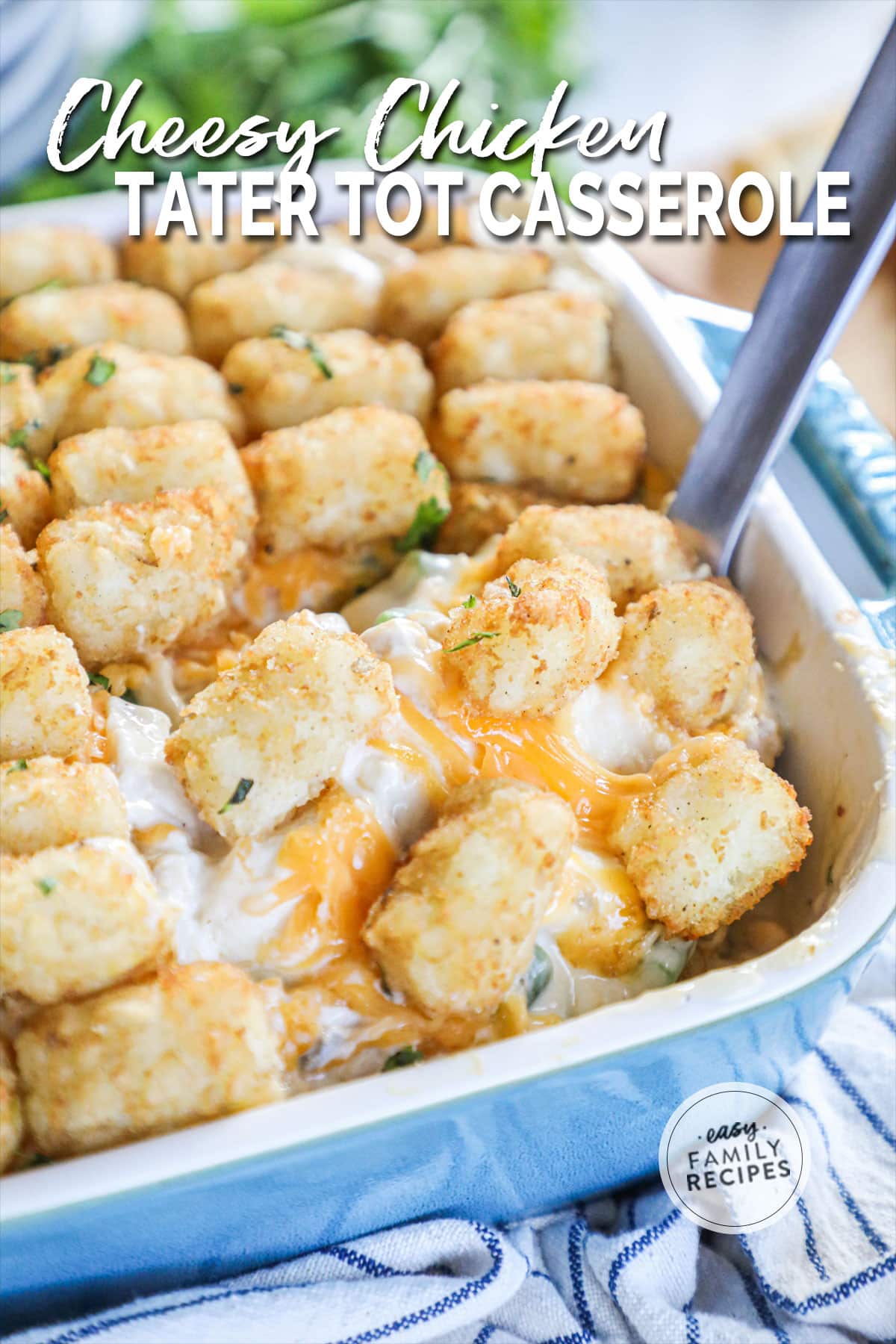 baked cheesy chicken tater tot casserole in a blue casserole dish being scooped with a serving spoon.