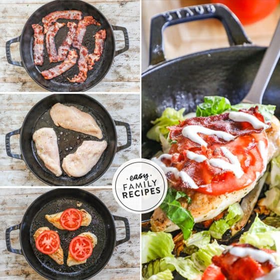 how to make BLT chicken skillet 1)cook the bacon, 2)cook the chicken, 3) add the toppings, 4)serve!