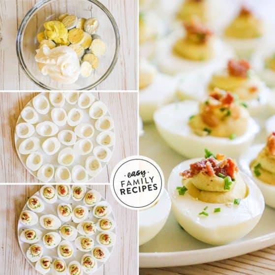 step by step for making million dollar deviled eggs with bacon: 1. Mix egg yolks with mayo, butter, mustard, salt and pepper. 2. Fill egg whites with deviled egg mixture. 3. Top with bacon and chives. 4 serve chilled.