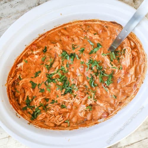 Overhead view of creamy buffalo chicken chili in crockpot garnished with cilantro