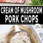 Cream of Mushroom Pork Chops ingredients and then prepared dish.