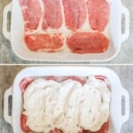 Process photos for how to make cream of mushroom pork chops.