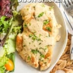 Creamy Dijon Chicken served with salad for dinner.