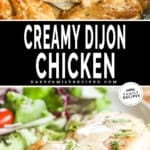 Dijon Chicken recipe prepared in a skillet and then served on a plate with sauce on top.