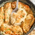 Skillet of Chicken with Dijon Cream Sauce prepared and ready to serve.