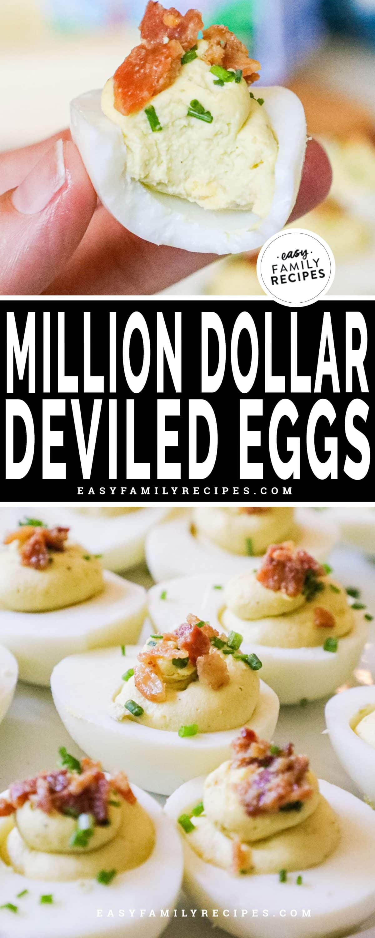 Million Dollar Deviled Egg with a bite taken out of it to reveal its creamy center.