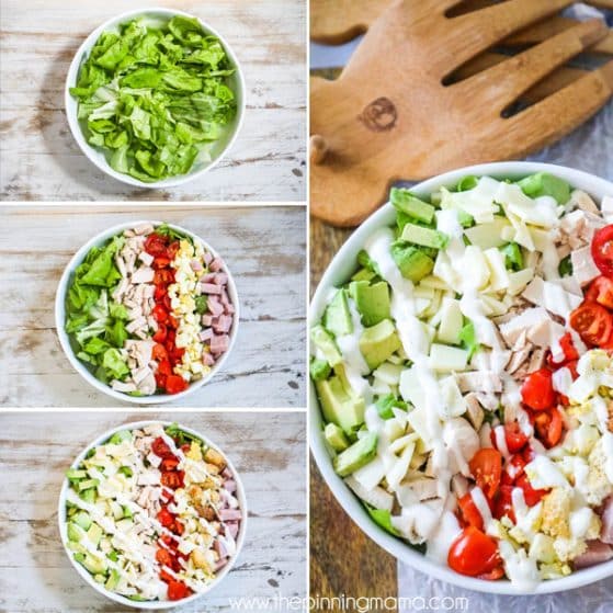 Steps to make a chef salad step 1 cut up lettuce, step 2 place toppings on salad step 3 add dressing step 4 enjoy!