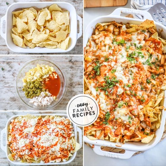 how to make chicken chilaquiles 1) add tortilla chips to a casserole dish, 2) mix the chicken filling, 3)add to the casserole dish, 4)bake and serve.