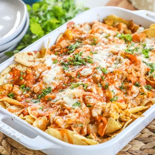baked chicken chilaquiles in a casserole dish.