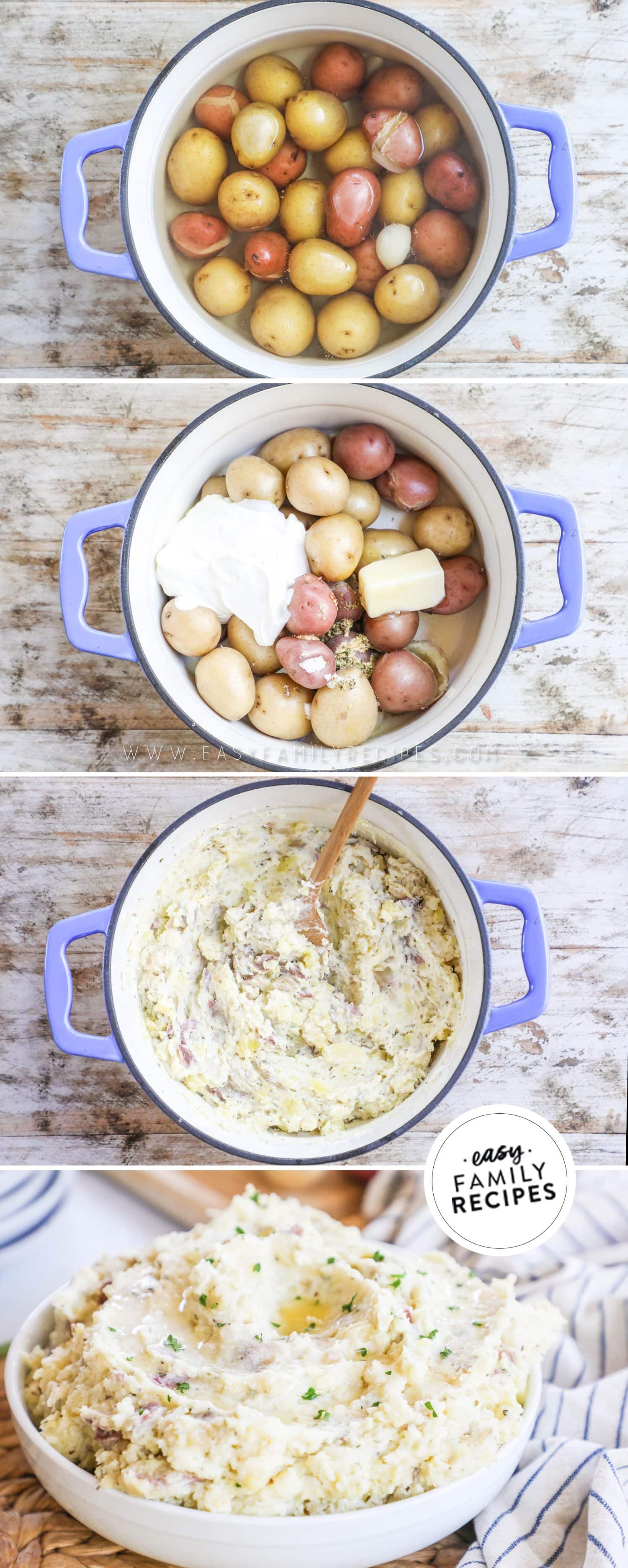 how to make garlic mashed potatoes 1)boil the potatoes, 2)drain and add the other ingredients, 3)mash, 4)serve!