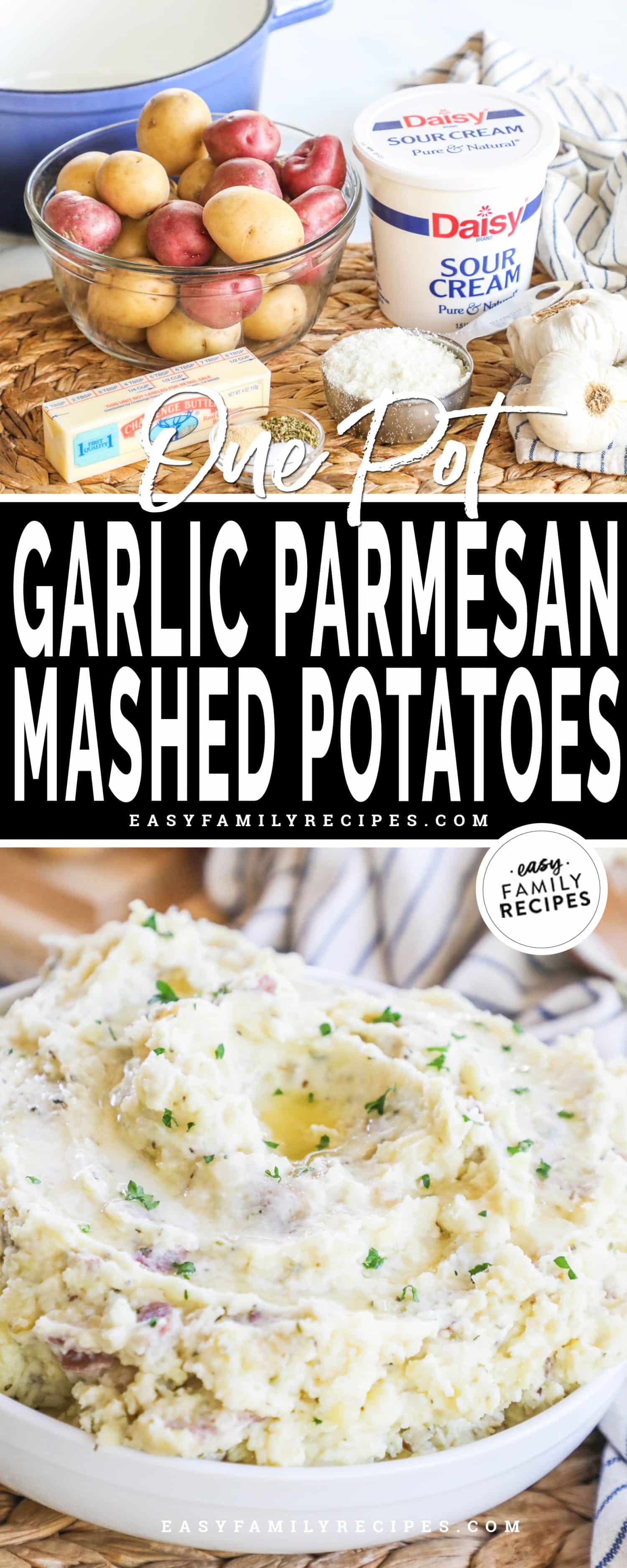 two images of mashed potatoes with mashed potato ingredients and a bowl piled with finished mashed potatoes.