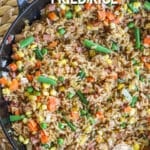 Close up of ham fried rice in a skillet