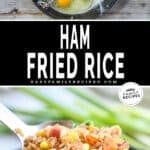 Ham fried rice being prepared in a cast iron skillet and then finished and ready to serve.