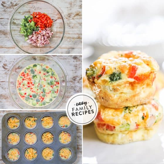 Steps to make egg muffins step 1 dice the vegetables and ham step 2 mix with the eggs and spices step 3 pour into the muffin tin and bake step 4 enjoy!