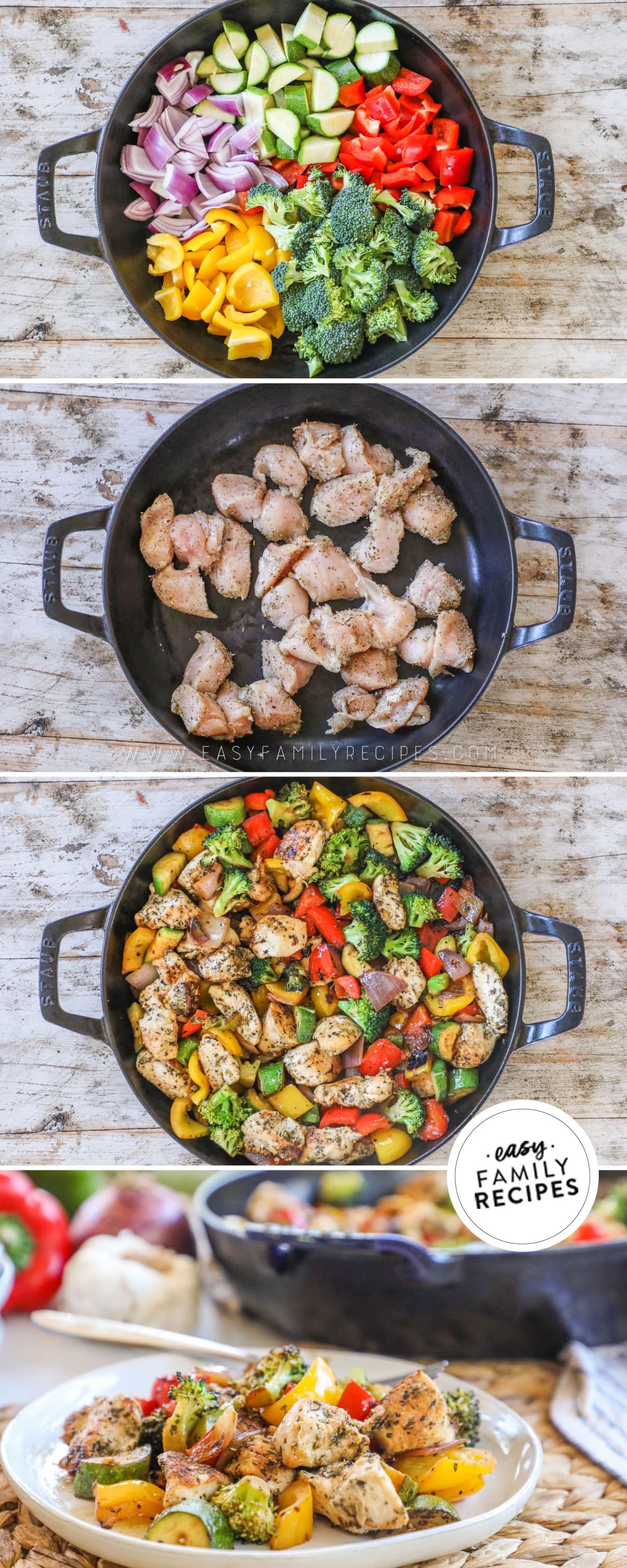 How to make one pan chicken and veggie skillet 1)sear chicken 2)sear veggies and combine with chicken 3)mix together 4)serve