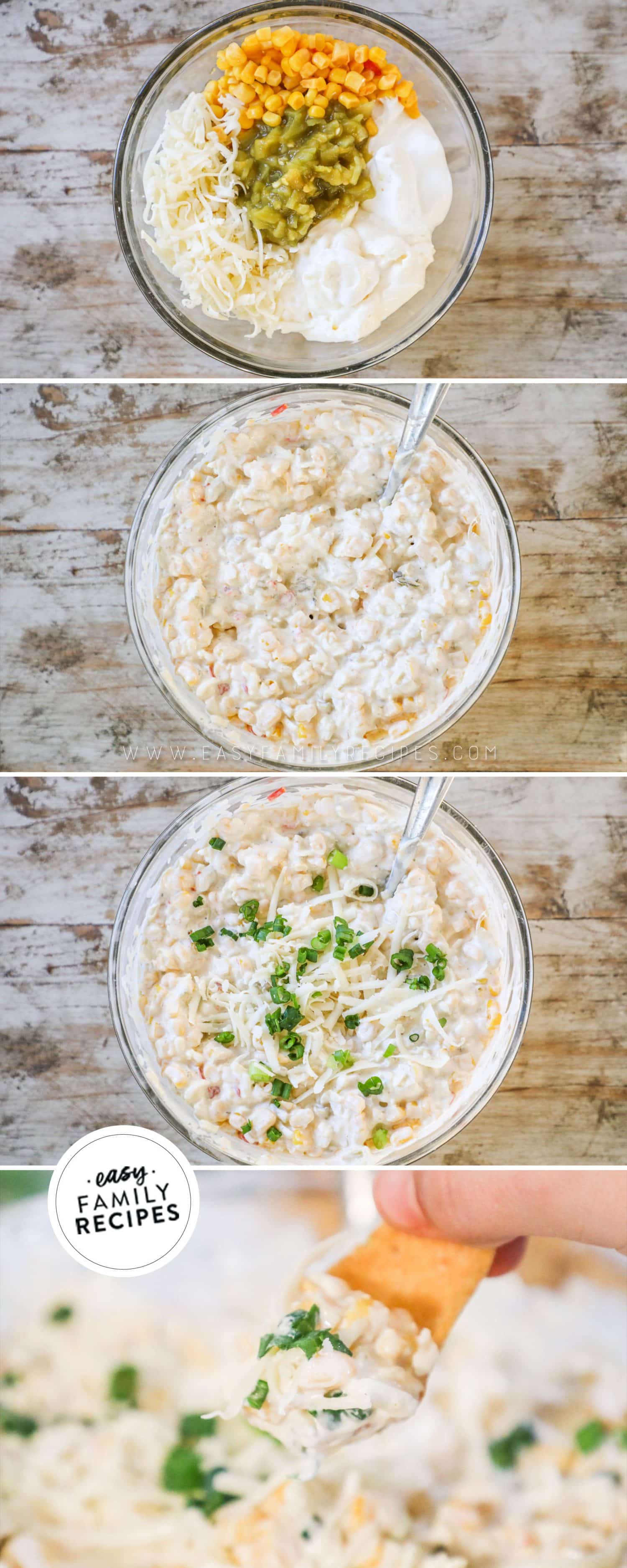 how to make corn dip 1)add ingredients to a bowl, 2)mix, 3)add cheese and green onions, 4)serve!