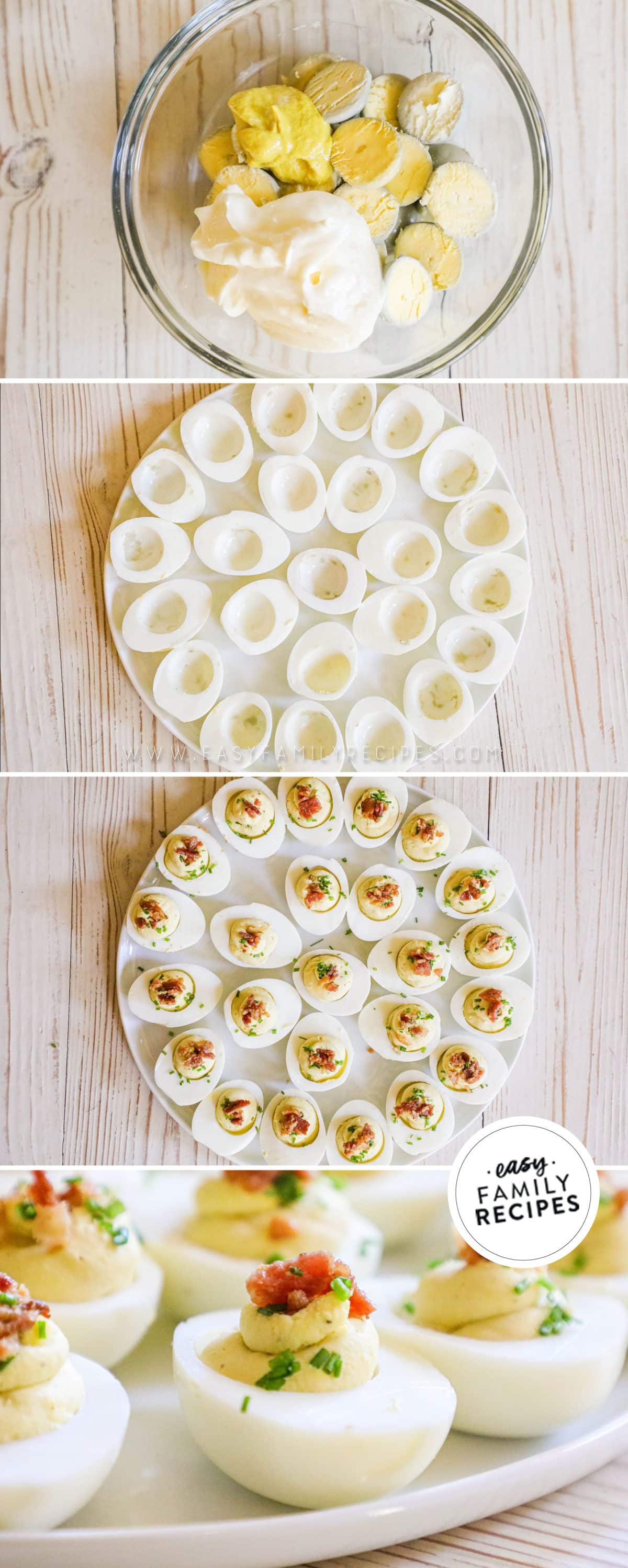 Process photos for How to make deviled eggs with bacon: 1. Mix egg yolks with mayo, butter, mustard, salt and pepper. 2. Fill egg whites with deviled egg mixture. 3. Top with bacon and chives. 4 serve chilled.