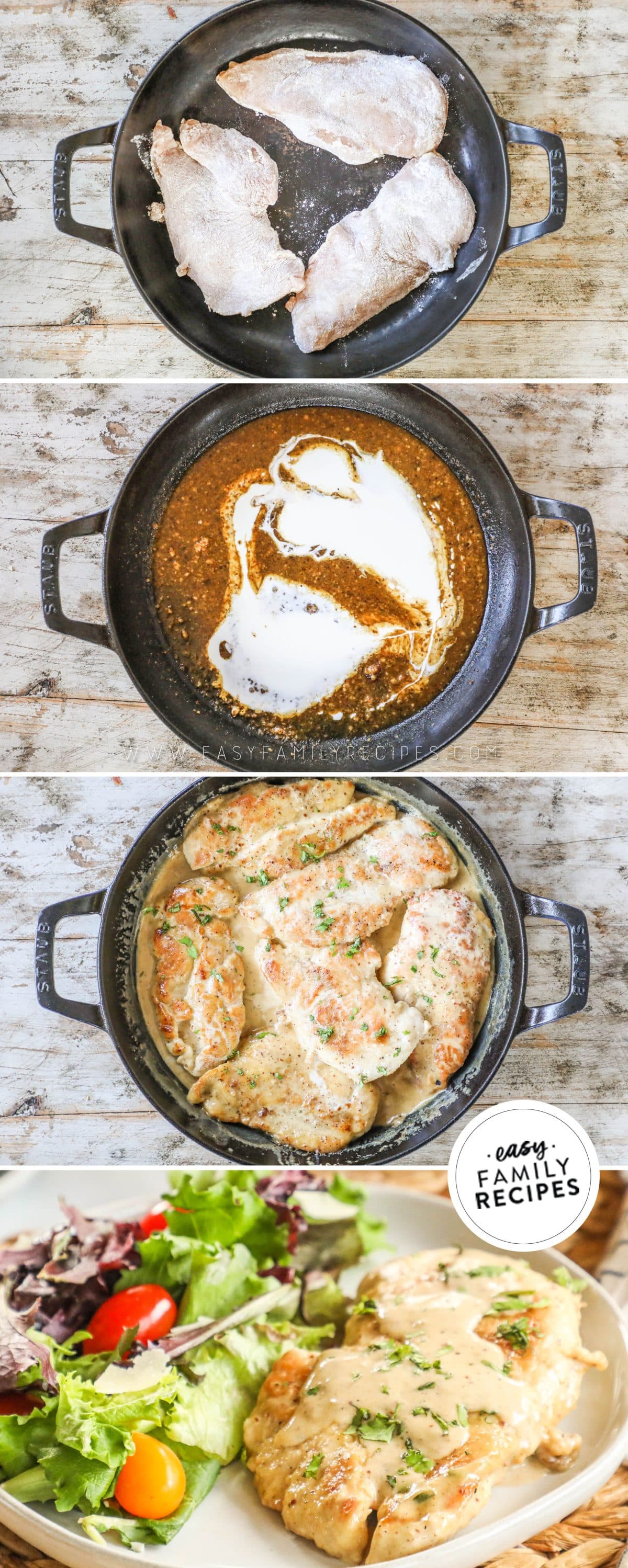 How to make Creamy Dijon chicken 1)sear chicken 2)make sauce 3)simmer together 4)serve.
