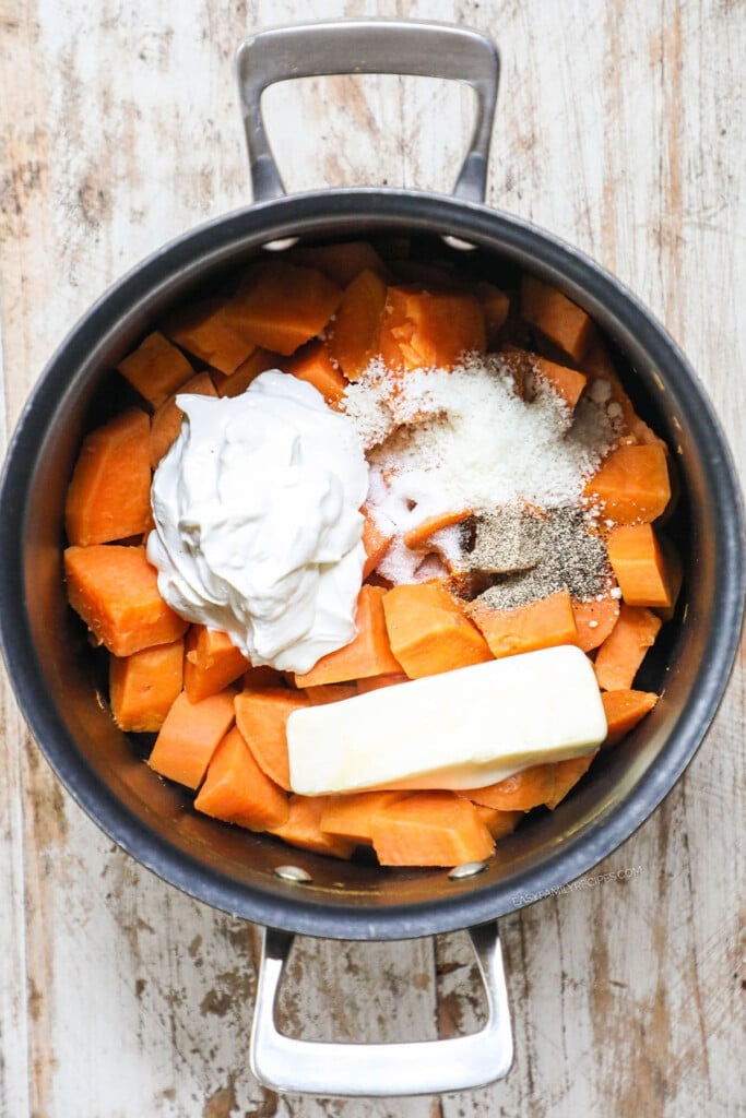 How to make savory mashed sweet potatoes step 2: after they boil to soft, drain and add sour cream, butter, salt and pepper.