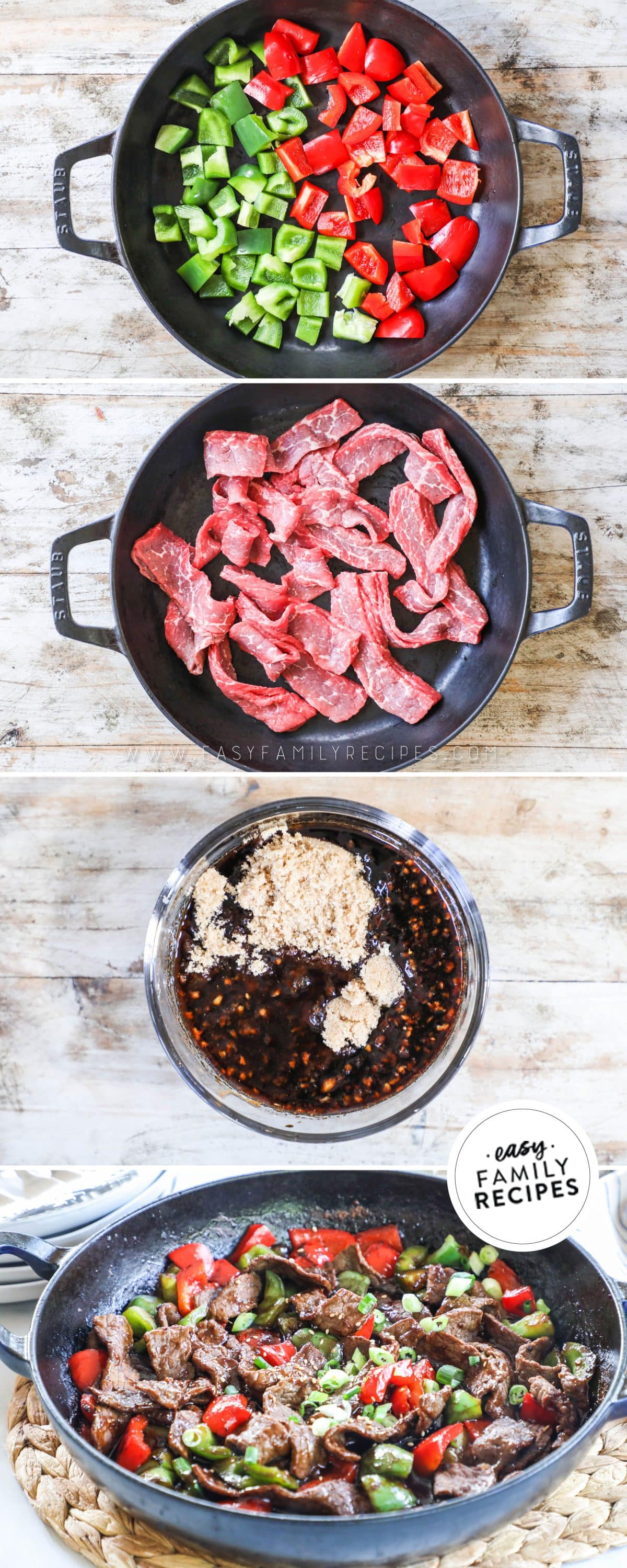 How to cook stir fry with steak 1)prep bell peppers 2)slice steak thinly 3)mix sauce ingredients 4)cook together.