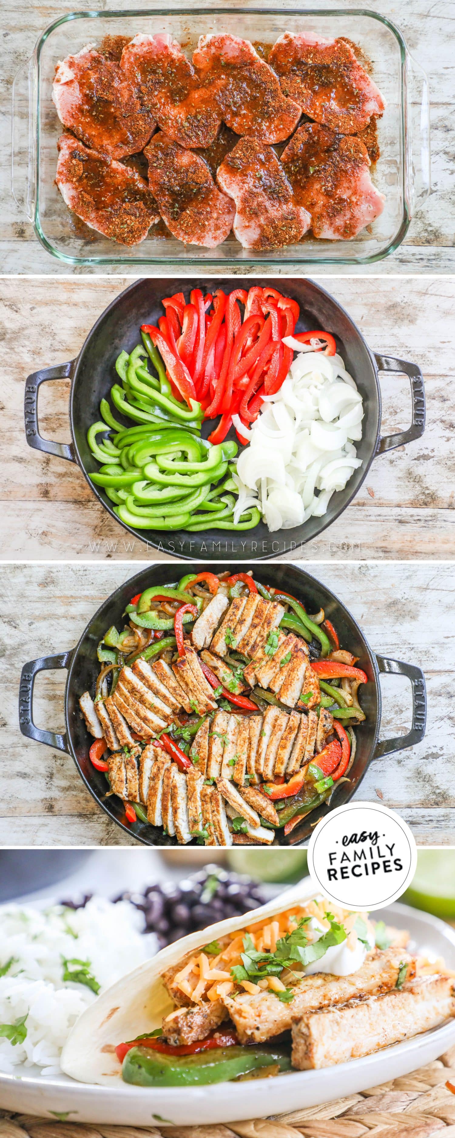 4 image horizontal collage: seasoned pork chops in a dis, 2-slice peppers and onions in skillet, 3- pork fajitas in skillet after cooking, 4- tortilla shell stuff with pork fajita mixture on a plate with rice and beans.