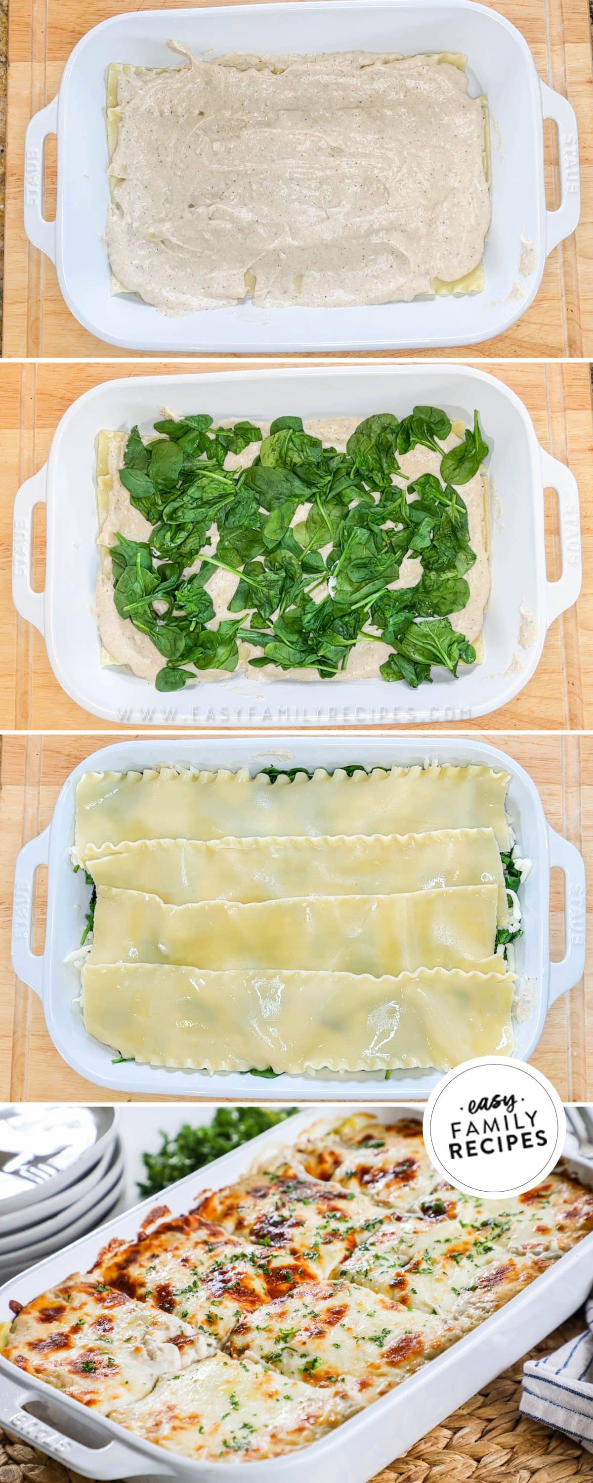 Process photos for how to make spinach lasagna with white sauce- 1. Add a layer of white sauce 2. sprinkle wilted spinach over the white sauce. 3. add a layer of lasagna noodles. 4. Repeat and bake.