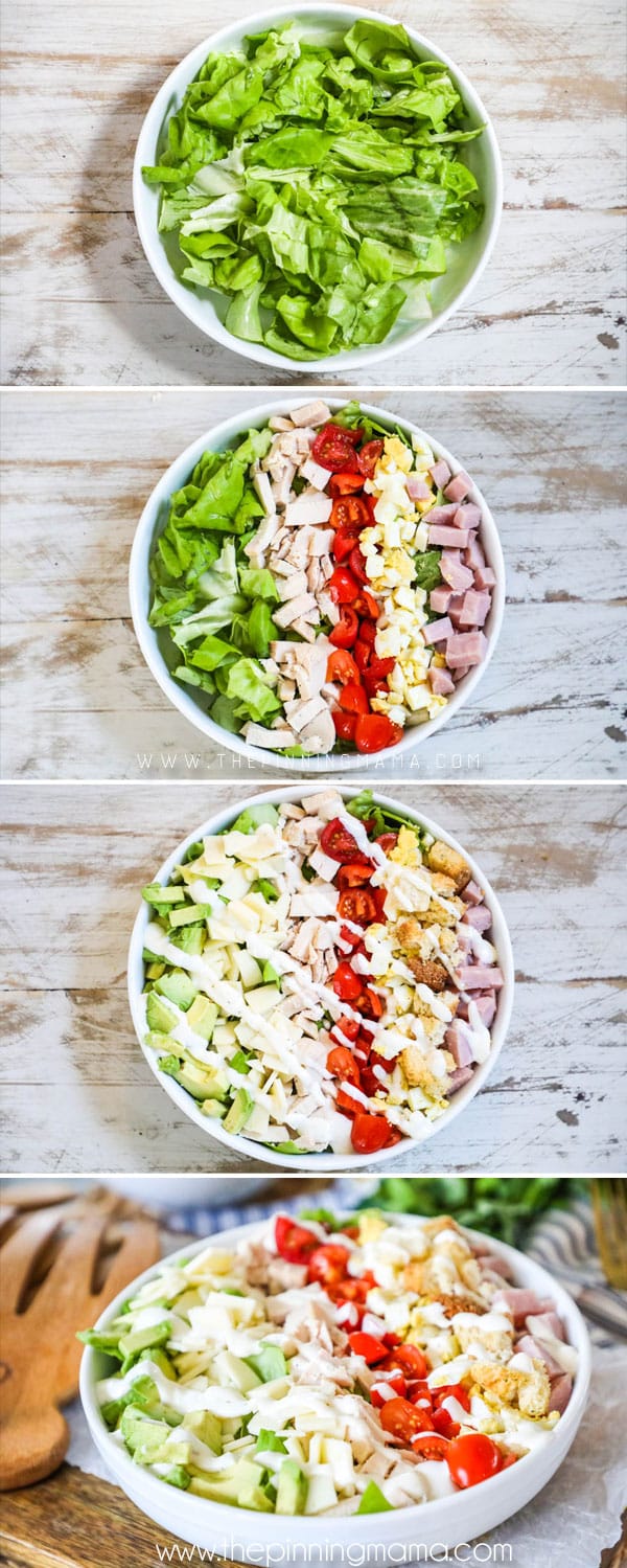 Steps to make a chef salad step 1 cut up lettuce, step 2 place toppings on salad step 3 add dressing step 4 enjoy!