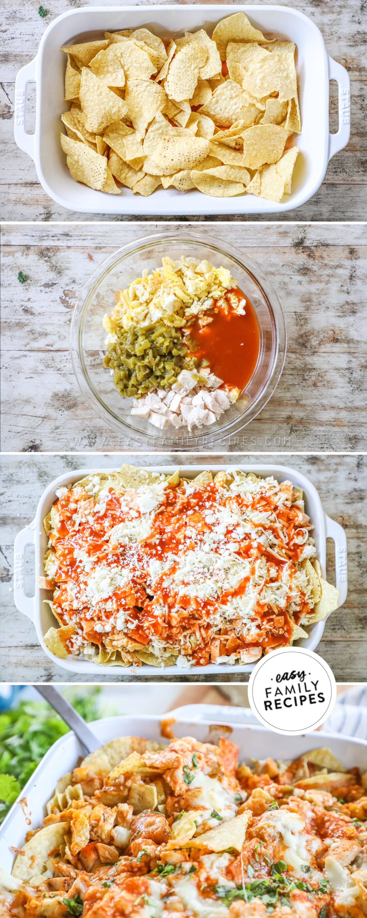 how to make chicken chilaquiles 1) add tortilla chips to a casserole dish, 2) mix the chicken filling, 3)add to the casserole dish, 4)bake and serve.