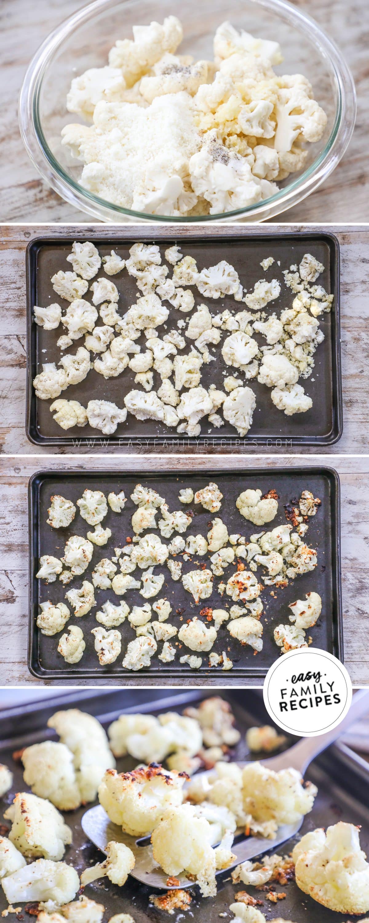 Steps to make roasted cauliflower step 1 chop cauliflower and mix with cheese and spices step 2 spread over baking sheet step 3 bake 4 enjoy.