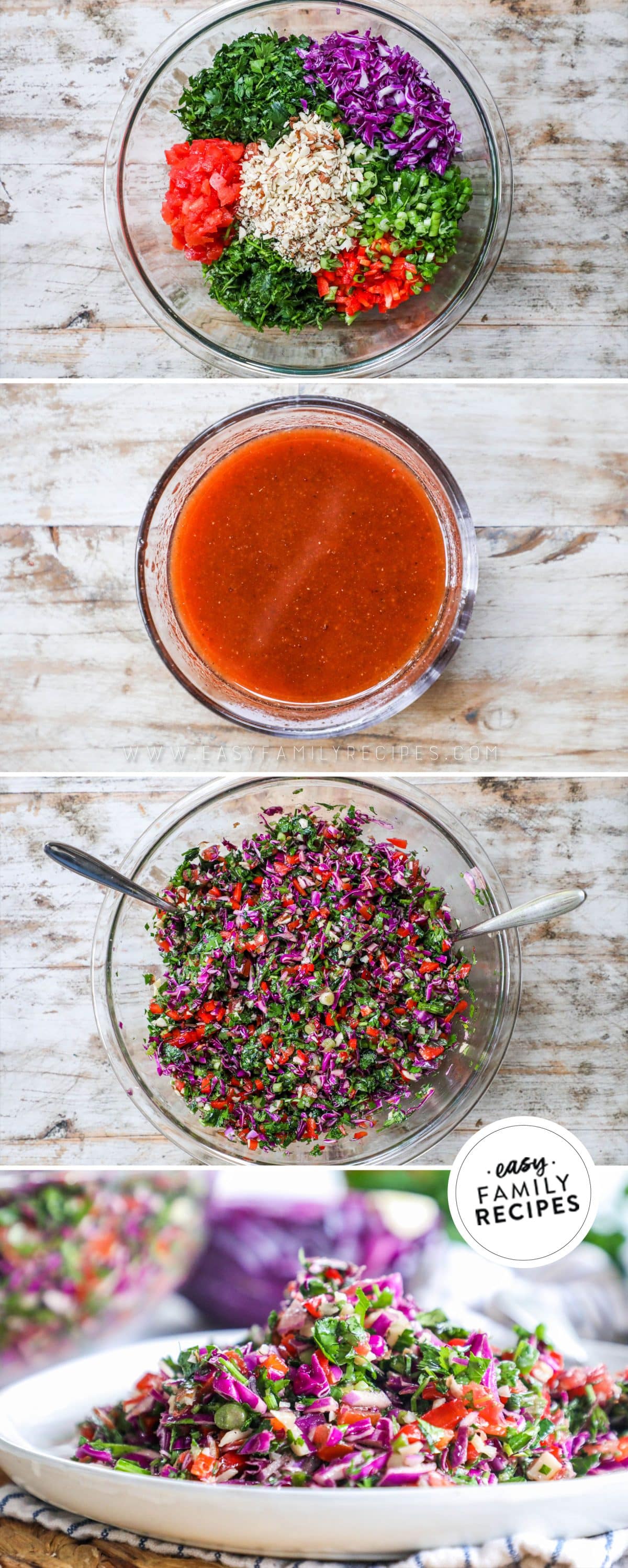 process photos for how to make spring chopped salad with pomegranate dressing. 1. Chop cabbage, cilantro, parsley, onion, red pepper, and tomato. 2. Combine dressing ingredients. 3. Toss the salad with the dressing.