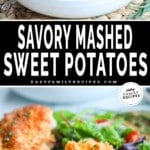 Mashed sweet potatoes in a bowl, and served on a plate with turkey and green beans.