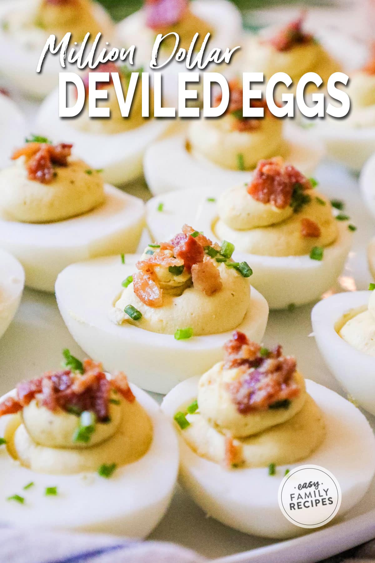 Platter of million dollar deviled eggs with bacon