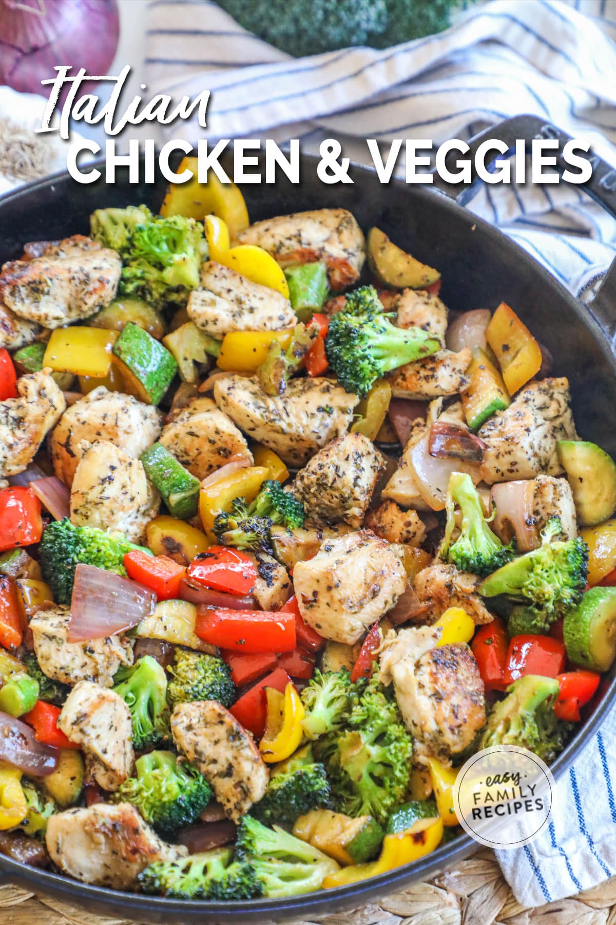 overhead picture of finished chicken and veggie one pan meal.