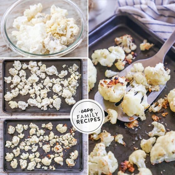 Steps to make roasted cauliflower step 1 chop cauliflower and mix with cheese and spices step 2 spread over baking sheet step 3 bake 4 enjoy.