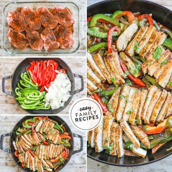 4 image square collage making pork fajitas: 1- pork chops in a baking dish with fajita seasoning, 2- peppers and onions in a skillet before cooking, 3- veggies and pork after cooked in skillet, 4- close up of skillet fajita.