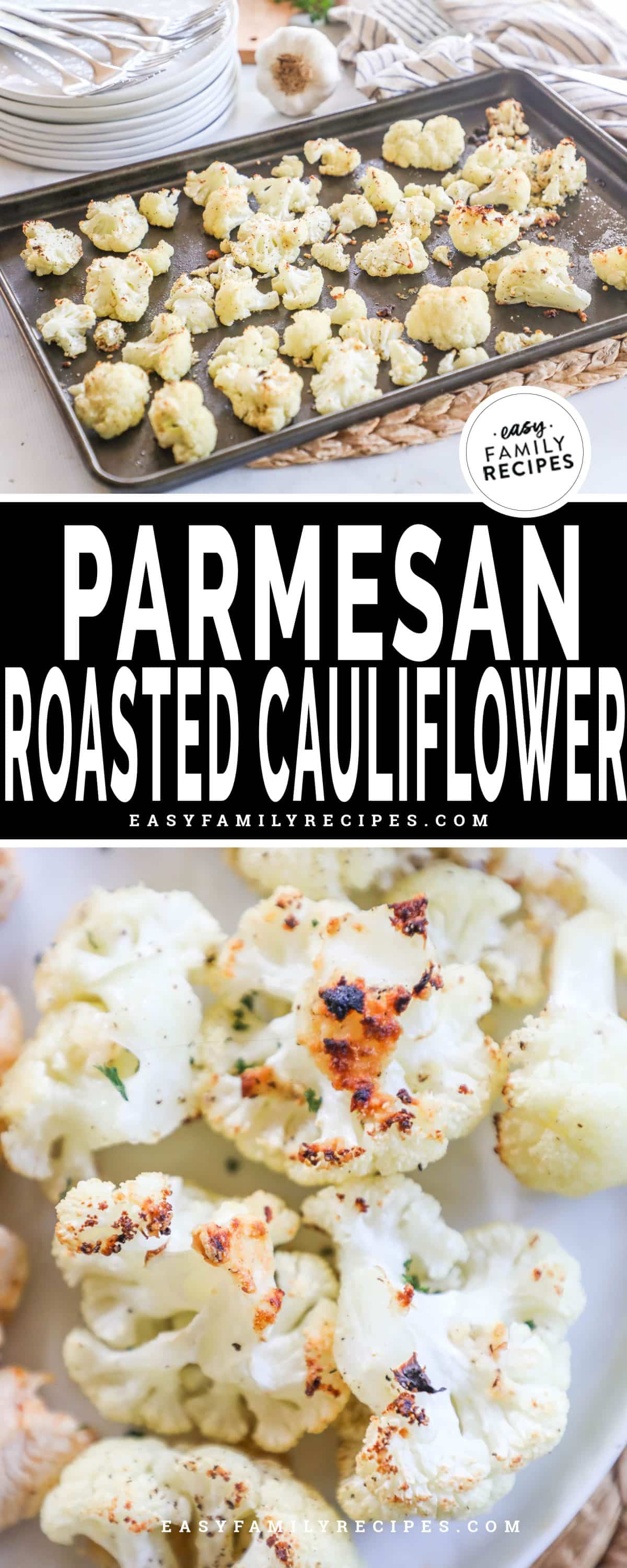 Roasted cauliflower on a sheet tray and on a plate.