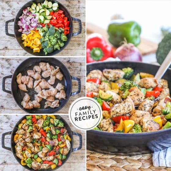 How to make one pan chicken and veggie skillet 1)sear chicken 2)sear veggies and combine with chicken 3)mix together 4)serve