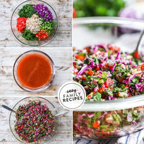 Step by step for making Spring Chopped Salad with Pomegranate dressing- 1. Chop cabbage, cilantro, parsley, onion, red pepper, and tomato. 2. Combine dressing ingredients. 3. Toss the salad with the dressing.