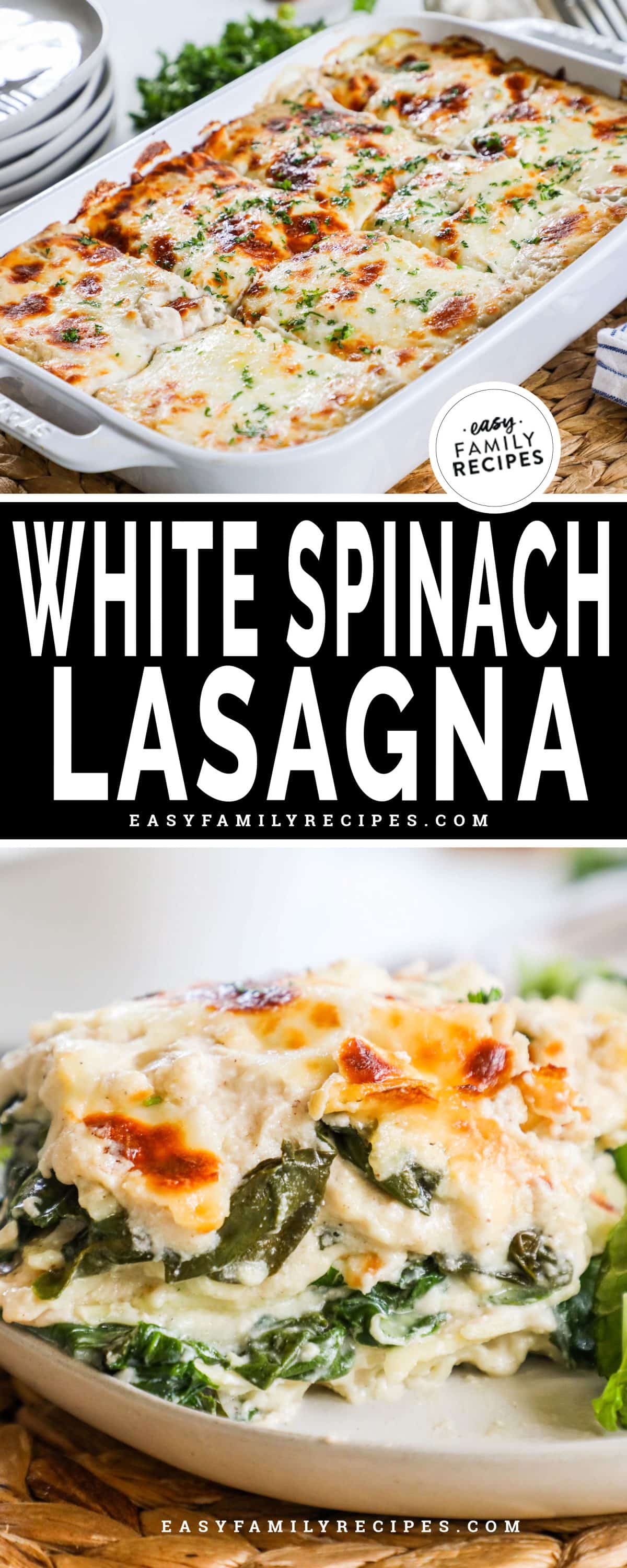 Cheesy white lasagna with spinach recipe prepared in a casserole dish