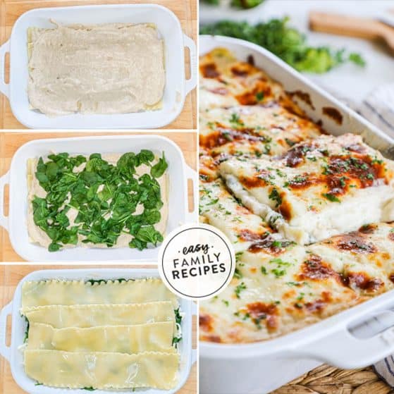 Step by step for making white lasagna with vegetables- 1. Add a layer of white sauce 2. sprinkle wilted spinach over the white sauce. 3. add a layer of lasagna noodles. 4. Repeat and bake.