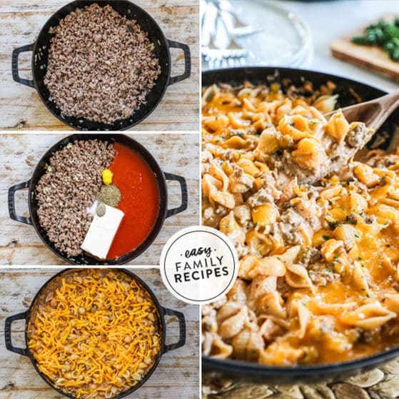 Steps to make creamy beef and shells step 1 brown the ground beef step 2 add all the other ingredients except the pasta and combine step 3 add the pasta step 4 mix and enjoy.