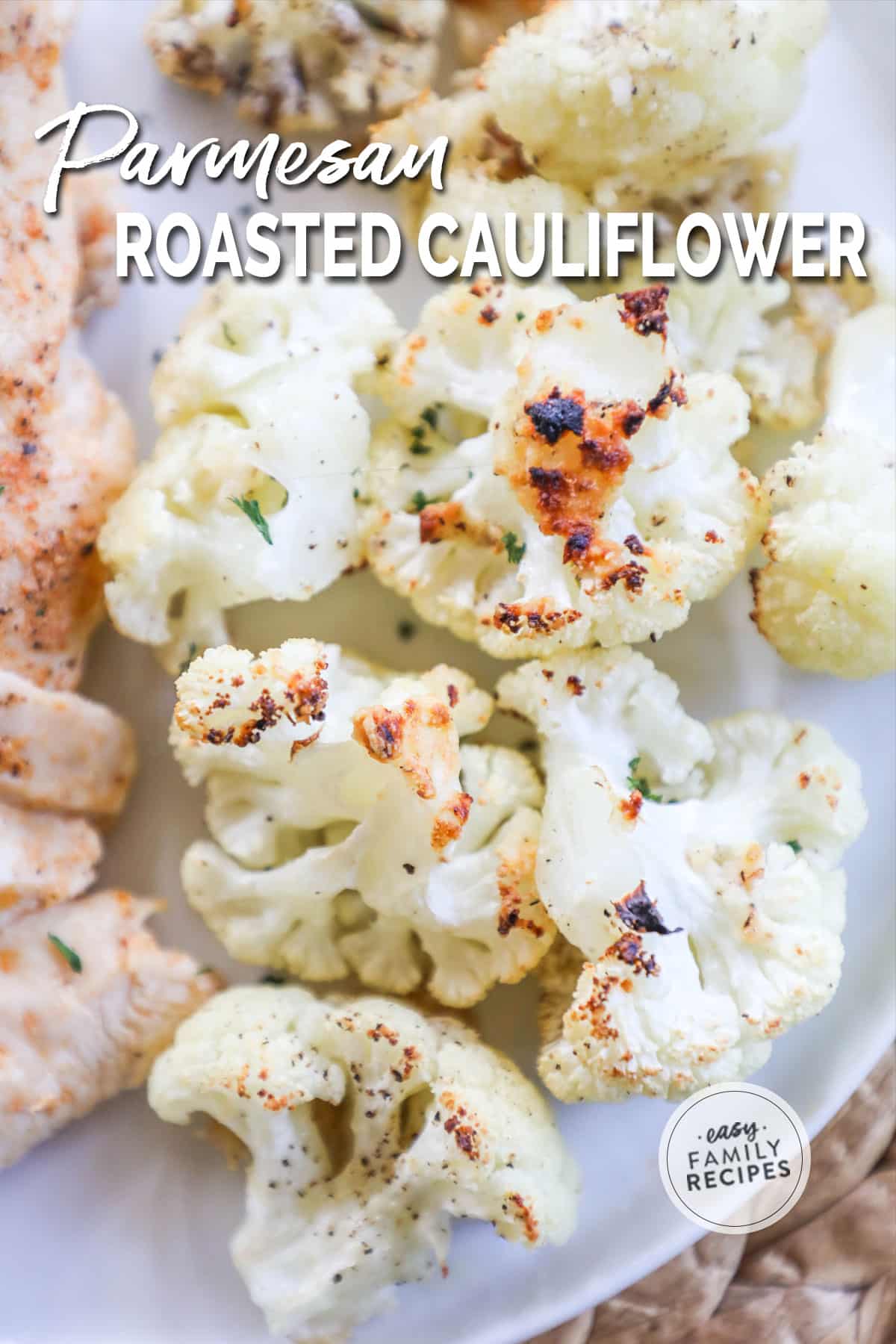 Golden brown parmesan roasted cauliflower on a plate.