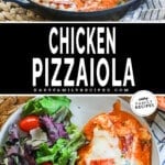 Two images of chicken pizzaioa. top image is chicken breasts cooked in a skillet with tomato sauce and pepperoni pieces. bottom is a plate with a green salad and a piece of chicken pizzaiola.