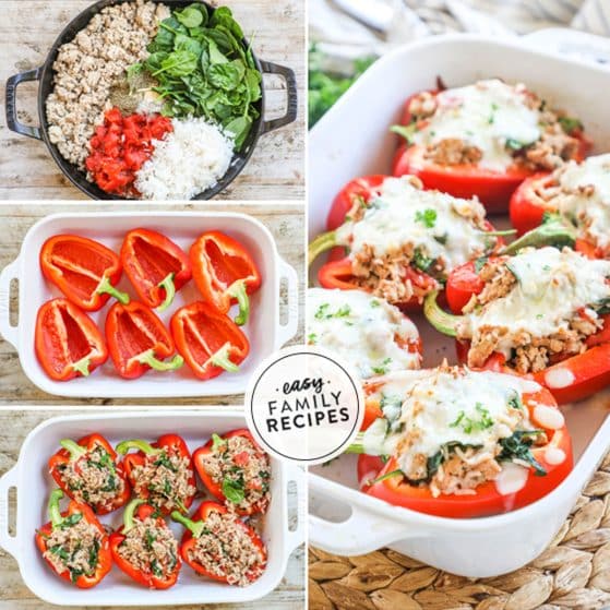How to make chicken stuffed peppers: 1) cook the filling, 2) cut and seed the peppers, 3) stuff the peppers, 4) add cheese and bake
