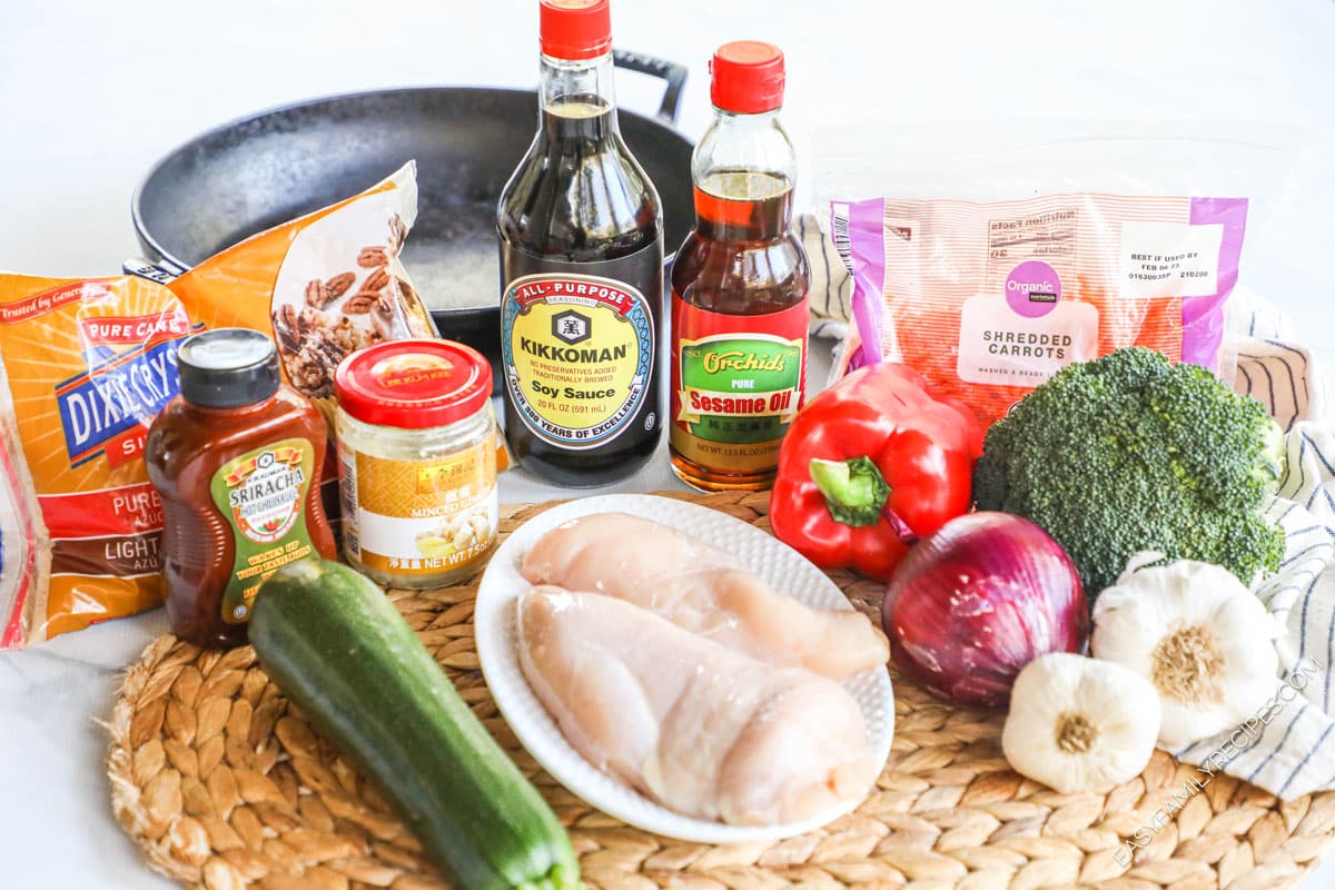 Ingredients for chicken and vegetable stir fry, including chicken breast, zucchini, soy sauce, sesame oil, broccoli, peppers, and more