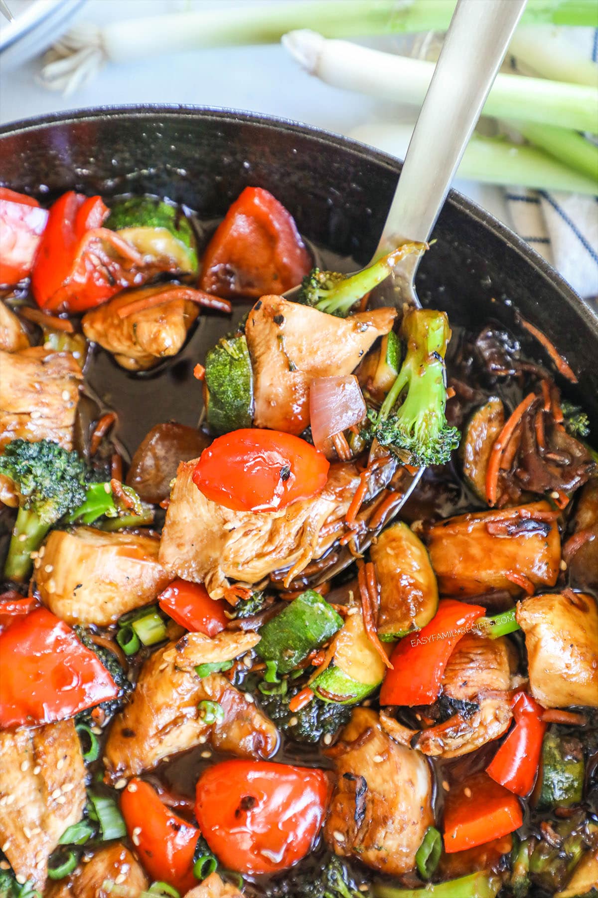 Chicken breast and vegetable stir fry in sweet and sticky stir fry sauce.
